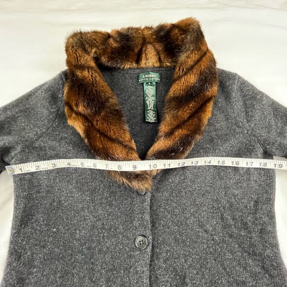 OLGA | Ralph Lauren S Faux Fox Fur Collar Wool Cashmere Blend Gray Cardigan - Picture 4 of 6
